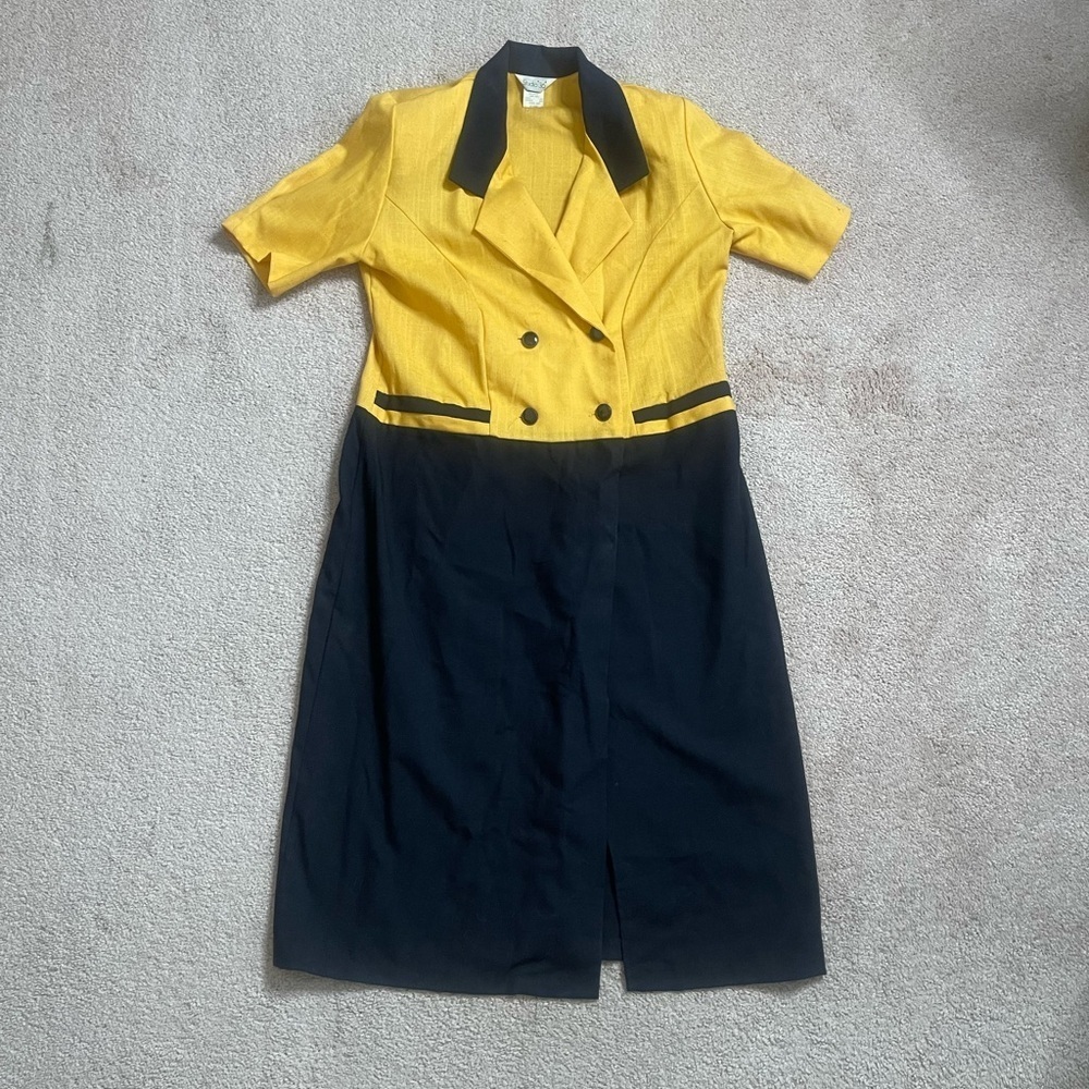 VINTAGE Studio Sheath Dress Yellow and Blue Notched Collar